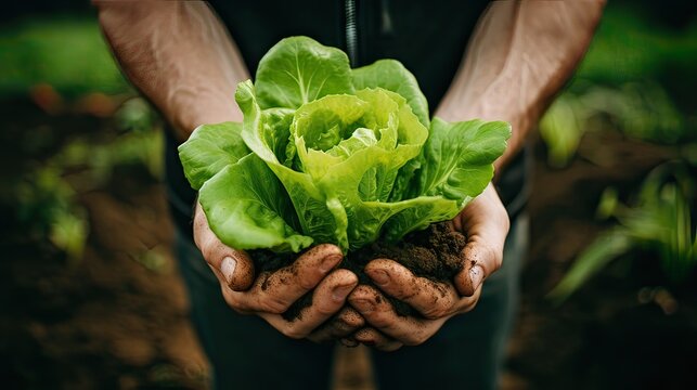 "Vibrant Green Lettuce Held in Hands, Flourishing in a Lush Garden Bed of Loose Soil.