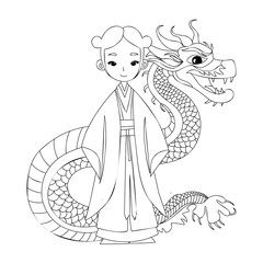 Coloring page Chinese woman in a kimono near the dragon. Chinese dragon coloring book.
