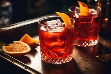 Fototapeta premium Drink Negroni in a bar environment. Alcoholic Cocktail