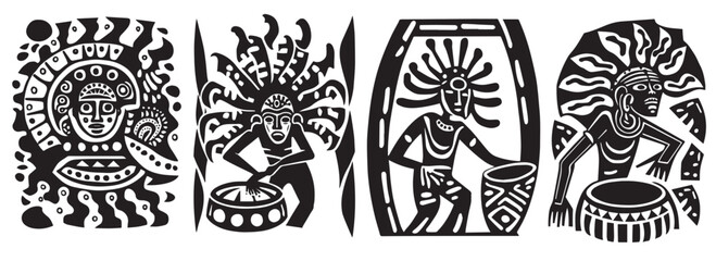 African Aztec dancer and musician, vector decoration, illustration silhouette laser cutting - obrazy, fototapety, plakaty