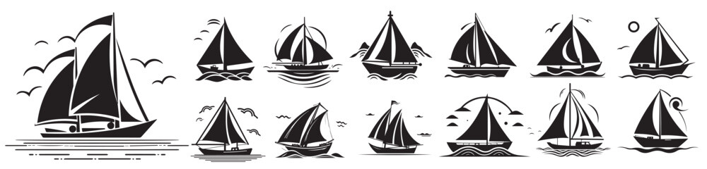 Boat, ship, sailboat black vector illustration silhouette laser cutting - obrazy, fototapety, plakaty