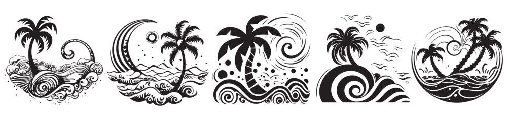 Fototapeta na wymiar Palm trees, islands and the sea vector illustration silhouette laser cutting black and white shape