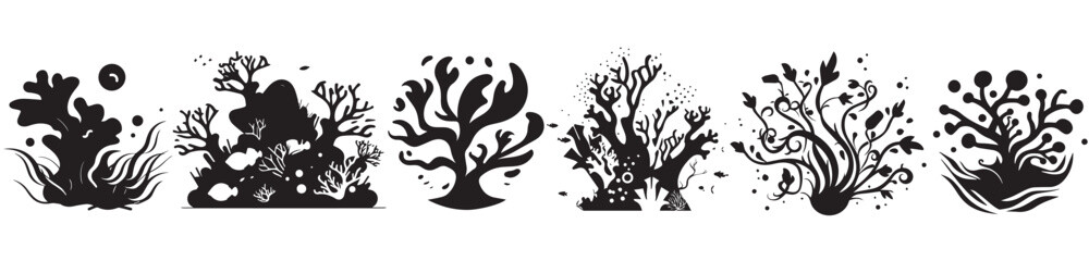 Coral reef black and white vector silhouette illustration