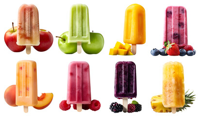 Ice popsicle lolly with fruits toppings on transparent background cutout. PNG file. Many assorted different flavour. Mockup template for artwork design