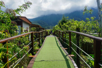 Fototapeta premium Beautiful view. Wooden path in the middle of the park