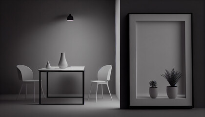 A table in front of a wall with a frame on it. Minimalistic interior design composition Ai generated image