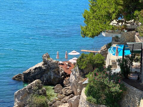 Resort beach on sea shore in Montenegro at summer.