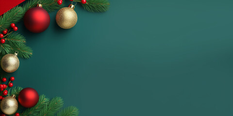 Naklejka premium Merry Christmas banner with blank space view green background gift boxes fir tree branches red ornaments with generative AI technology