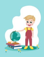 Boy with books and globe goes to school 