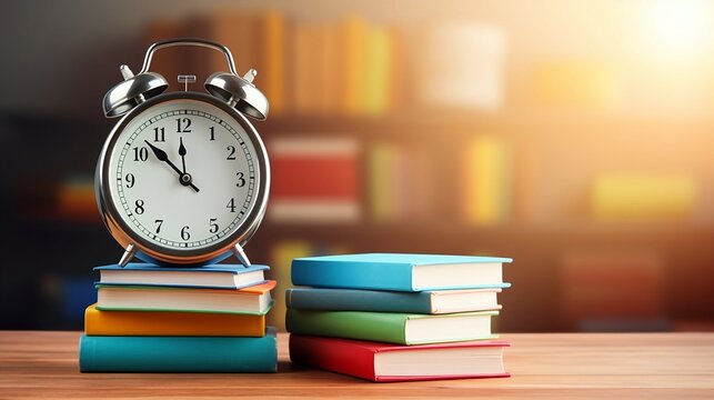 Metal alarm clock stands on top of a stack of colored books or notebooks on a wooden table on a blurred orange autumn library background with copy space, back to school concept, promo banner