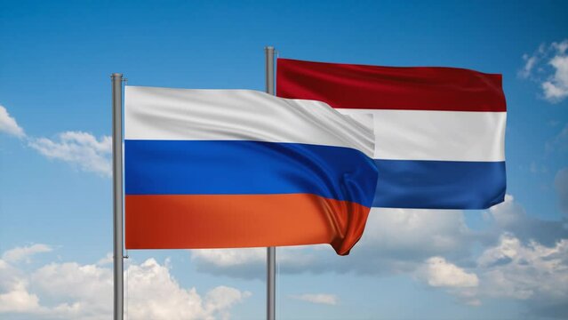Netherlands flag and Russia flag waving together on blue sky, looped video, two country cooperation concept