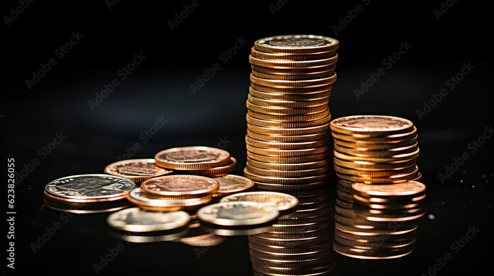 Poster Coins on a black backdrop, coins stacked on a black background, and advertising coins from finance and banking, with generative ai