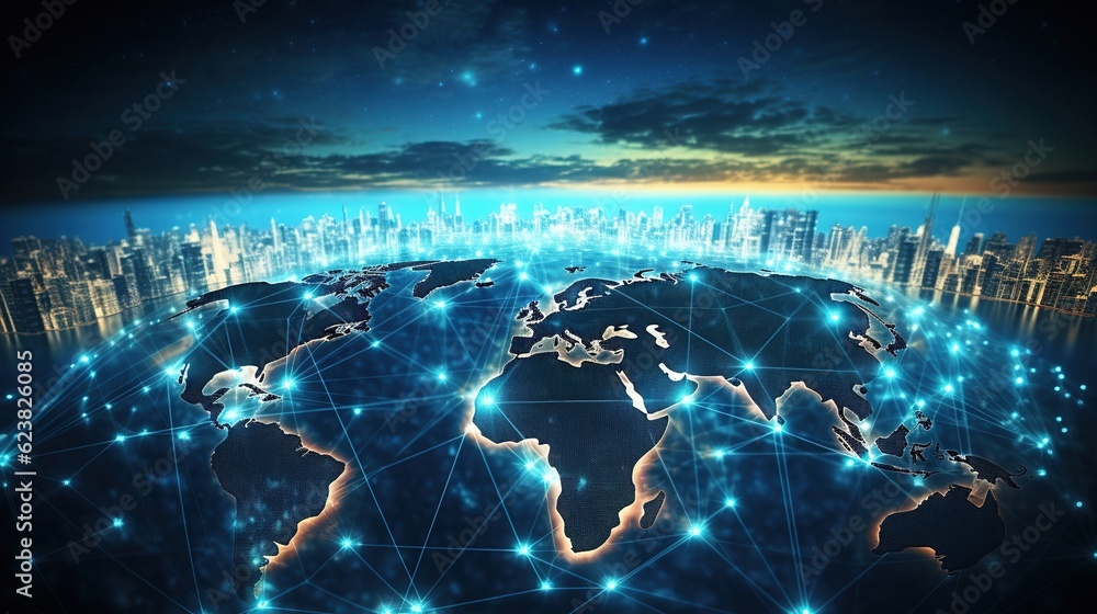 Poster global interconnectivity: a mesmerizing image depicting a network of glowing lines connecting cities