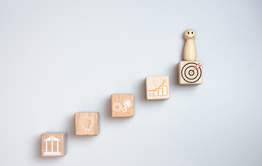 wood doll stand on woods block step with icon Action plan, Goal and target, success and business...