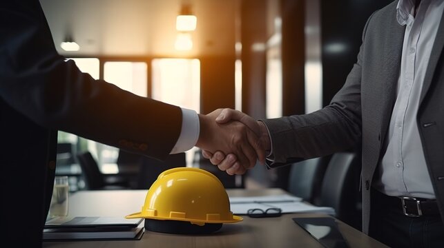 Handshake Deal: A professional handshake seals a lucrative deal, symbolizing collaboration and commitment, with a hard hat signifying construction or engineering project.  