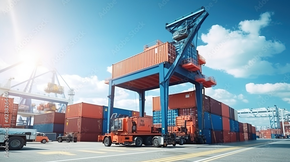 Poster container stacker crane lifting up stacking container box in yard, container loading cargo freight i