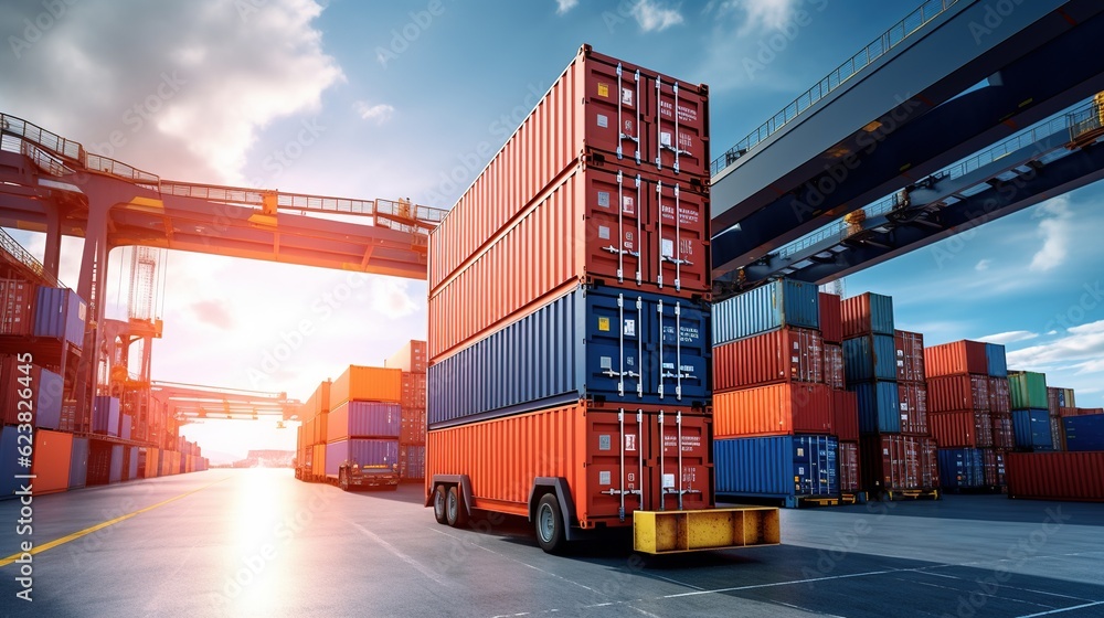 Poster container stacker crane lifting up stacking container box in yard, container loading cargo freight i