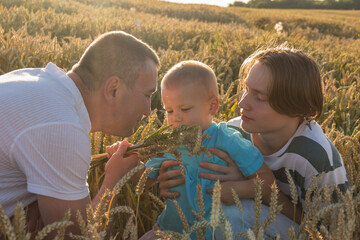 A family with a dad, a teenager and a small child are walking carefree and fun in a field with...