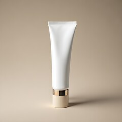 Unlabeled white cosmetic tube on a beige background: Generative AI