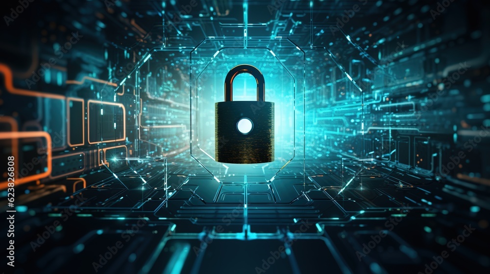 Poster data security and data protection. a padlock protects commercial data when connected to a virtual ne
