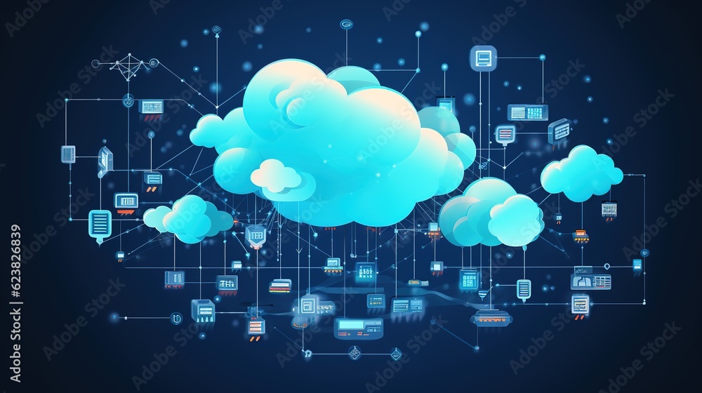 Poster cloud computing technology for data transport. there is a large, noticeable cloud emblem in the cent