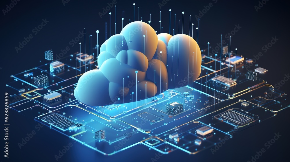 Poster cloud computing technology for data transport. there is a large, noticeable cloud emblem in the cent