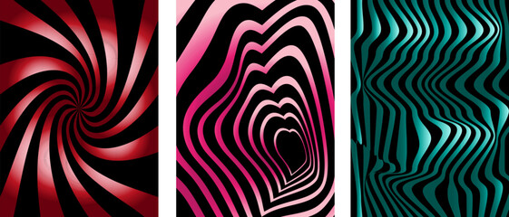 Set of Groovy Hippie Neon backgrounds. Sun Burst, Waves, Swirl, Twirl, Heart pattern with line, square. Twisted and distorted vector texture in Trendy Retro Psychedelic style. Y2k Vector aesthetic. 