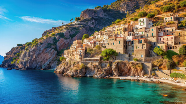 Evening view of village on a Mediterranean cliff