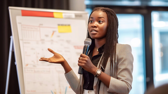 Black entrepreneur pitching at a business conference