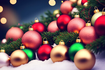 Obraz premium Christmas background with spruce branches decorated with Christmas baubles, snowflakes, and lights.