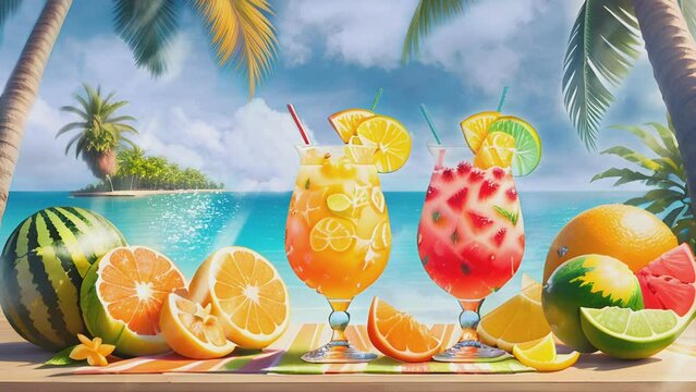 summer holiday background with beach and fresh juice water. Cartoon or anime watercolor painting illustration style. seamless looping 4K time-lapse virtual video animation background.