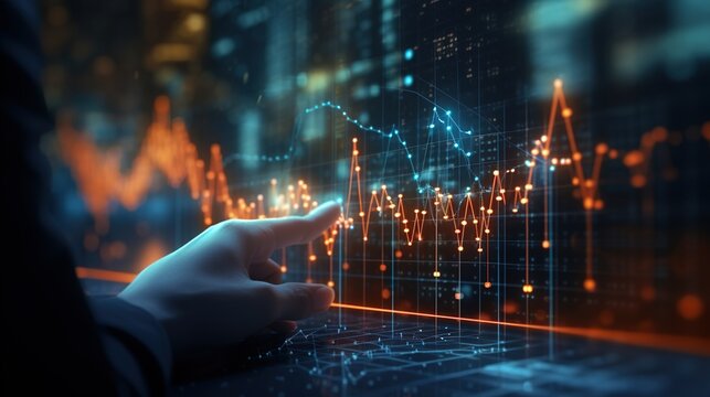 Global business, Investor touching of invest graph data growth on business network, with generative ai