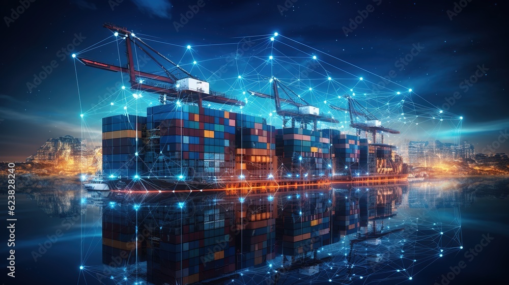 Poster global logistics network distribution and transportation on container cargo ship harbor Smart logistics, Industry, Innovation future of transport with generative ai