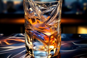 Glass of whiskey with ice cubes on a black background. 3d rendering