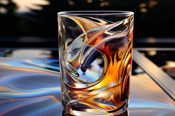 Glass of whiskey on the background of a beautiful sunset. close-up