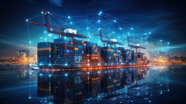 global logistics network distribution and transportation on container cargo ship harbor Smart logistics, Industry, Innovation future of transport with generative ai © WS Studio 1985