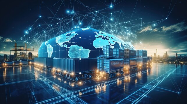 Logistics network distribution and transportation, Smart logistics, Future of transportation innovation on a huge warehouse center background, with generative ai
