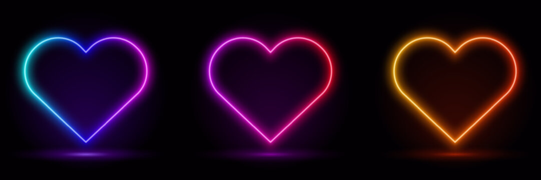 3d render, blue neon heart frame, heart shape, empty space, ultraviolet light, 80's retro style, fashion show stage, abstract background, illuminate frame design. Abstract cosmic vibrant hearts backdr