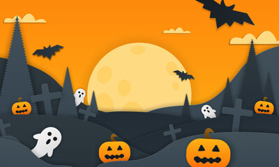 Happy Halloween banner or with night clouds and pumpkins filled with Halloween decorations in paper cut style. Vector illustration. Full moon in the sky, ghosts webs and bats flying. Place for text