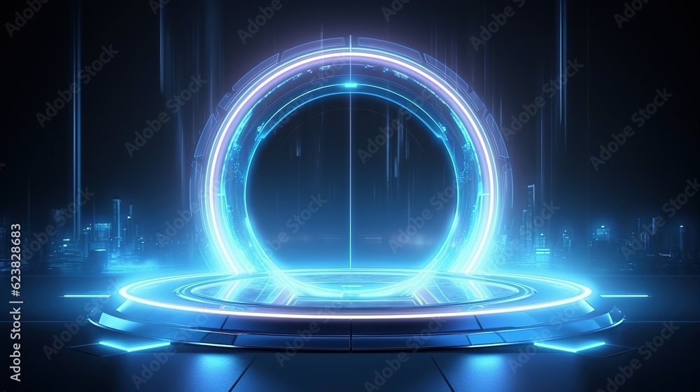 Poster hologram gateway. portal to a magical fantasy world. a hologram-enhanced magic circle teleport podiu