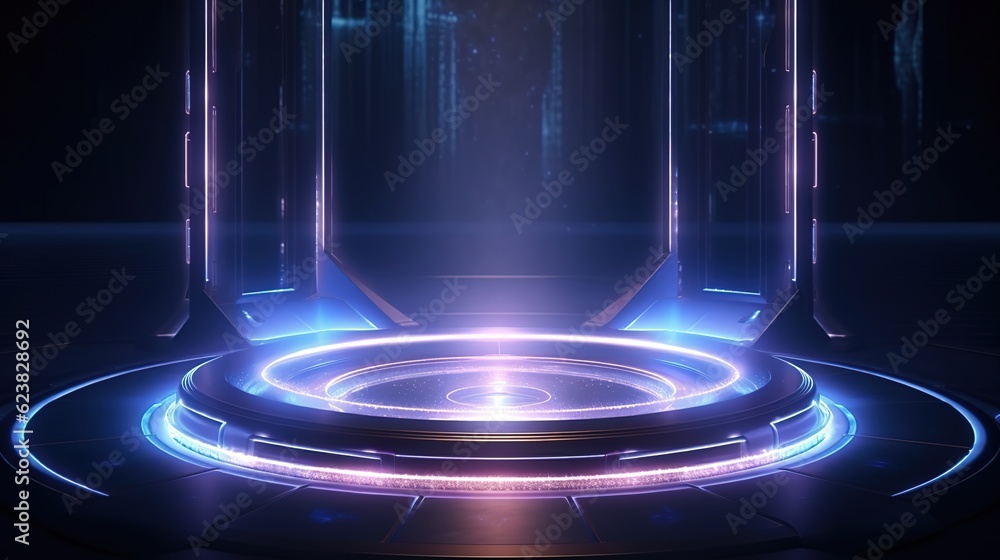 Poster hologram gateway. portal to a magical fantasy world. a hologram-enhanced magic circle teleport podiu