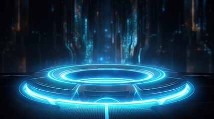 Hologram portal. Magic fantasy portal. Magic circle teleport podium with hologram effect. Abstract high tech futuristic technology with generative ai