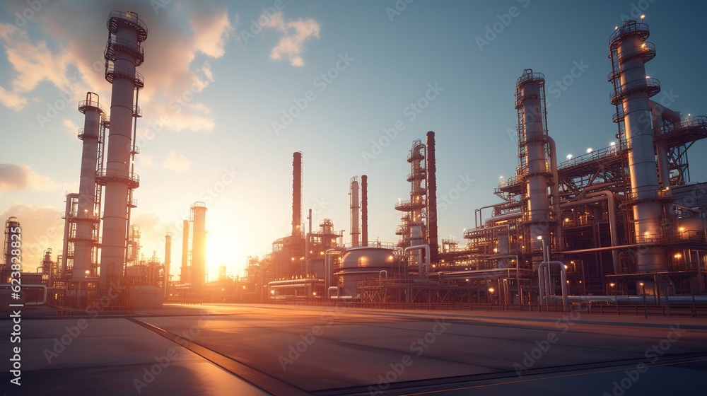 Canvas Prints Oil and gas refinery plant or petrochemical industry on sunset sky background, Factory with evening, with generative ai