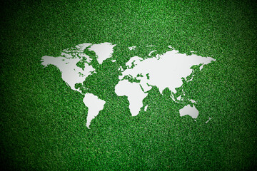 World map shape of green grass isolated on white background. Isolated green world map fill with leaves. green grass world map.