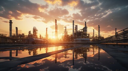 Oil and gas refinery plant or petrochemical industry on sky sunset background