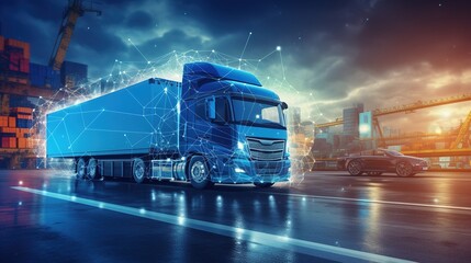 Logistics concept, logistics network distribution and smart transportation, intelligent logistics of truck container cargo, logistic import export and industry, with generative ai - obrazy, fototapety, plakaty