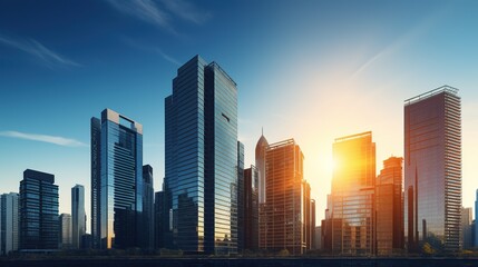 Office and residential skyscrapers against a bright sun and a clear blue sunset sky. Commercial property. A modern commercial district, with generative ai