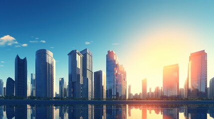 Office and residential skyscrapers on bright sun and clear blue sunset sky background. Commercial real estate. Modern business city district, with generative ai