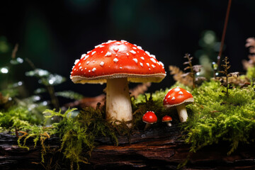 Fly agaric mushroom on green moss