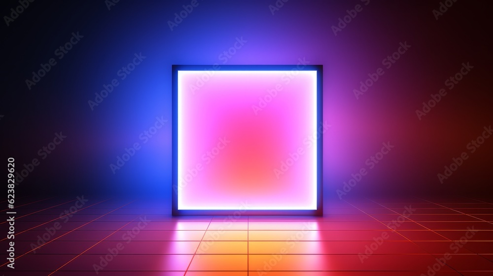 Wall mural Neon glowing square frame on the dark background. 3d rendering